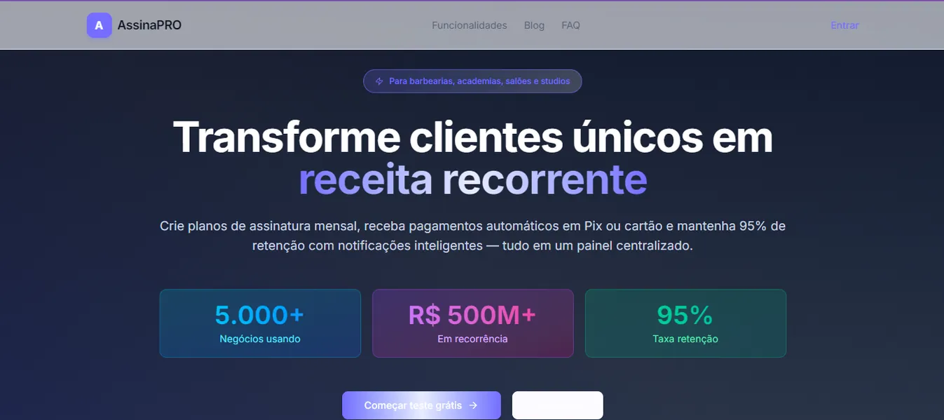 AssinaPRO home page with its recurring revenue pitch for local businesses.