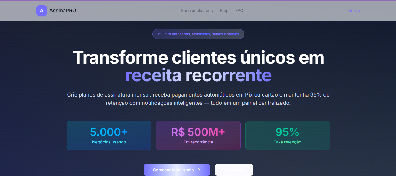 Página inicial do AssinaPRO com a proposta de receita recorrente para negócios locais e indicadores do produto.