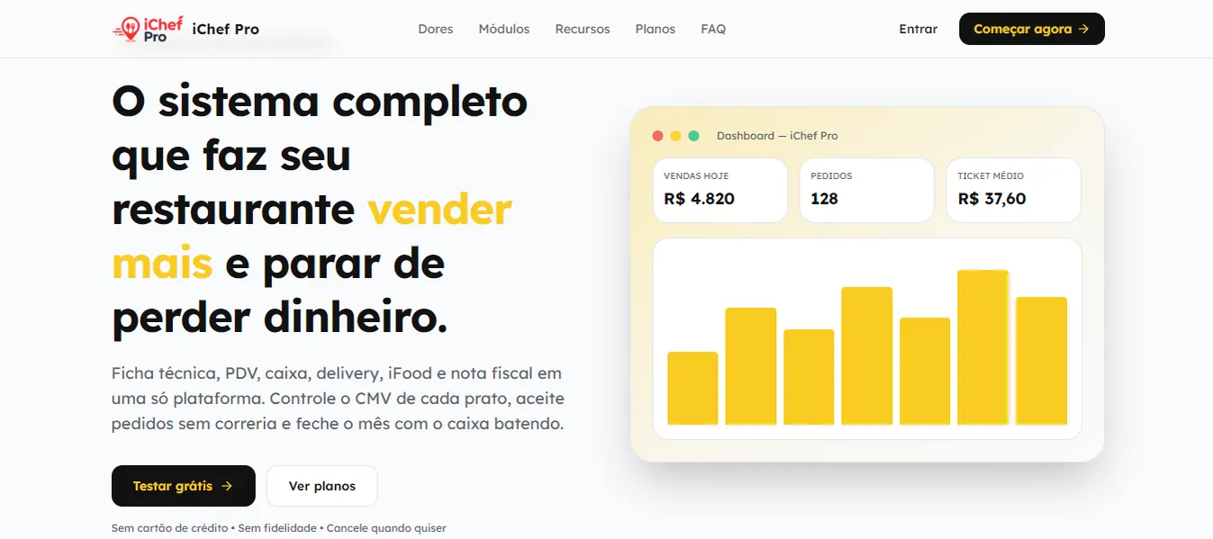 iChef Pro home page with the daily sales panel, orders and average ticket.