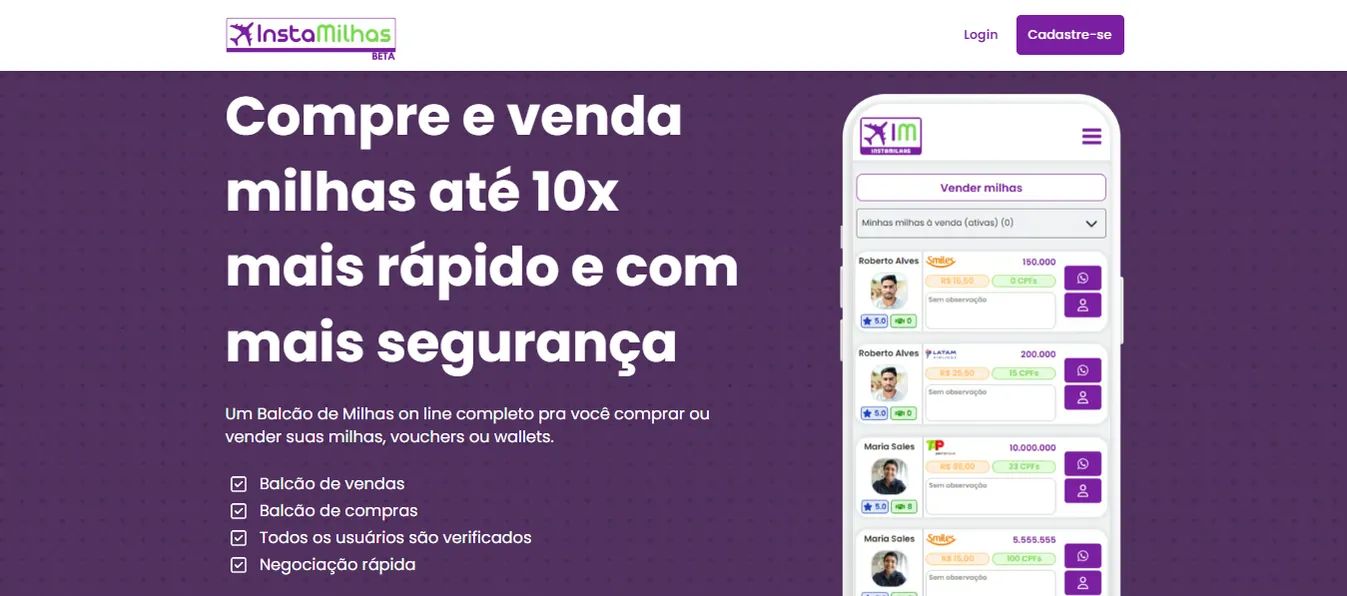 Instamilhas home page with the miles trading desk and listings from verified sellers.